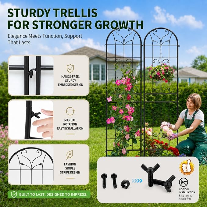 4 Pack 87x20in Garden Trellises, Ornate Scrollwork Black Metal Coated Rustproof Trellis for Climbing Plants Outdoor, Roses, Vegetables, Vines, Cucumbers