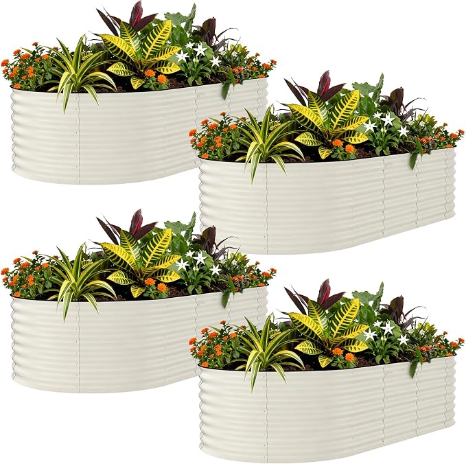 Garvee 8x4x2ft 4 Pack Galvanized Raised Garden Bed Kit, Oval Metal Planter Boxes for Outdoor, Rust-Resistant Deep Root Planters for Vegetables Flowers Herb, Easy Assembly, Beige