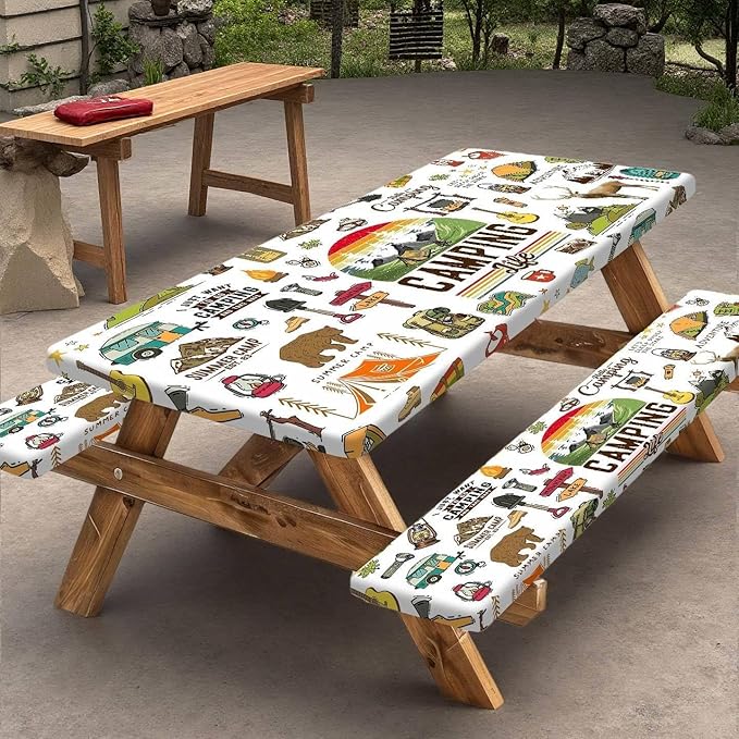 Picnic Table Cover with Bench Covers Camper RV Camping Essentials Waterproof Windproof Camping Tablecloth with Drawstring Bag, Fitted Rectangle Tables and Seats White，72" x 30" inch