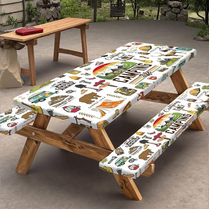 Picnic Table Cover with Bench Covers Camper RV Camping Essentials Waterproof Windproof Camping Tablecloth with Drawstring Bag, Fitted Rectangle Tables and Seats White，60" x 30" inch