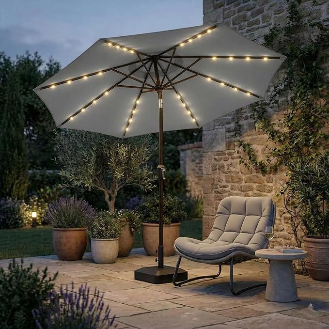 Kingdura 9FT Outdoor Patio Umbrella with Solar Lights, Market Table Umbrella with Push Button Tilt & Crank, 8 Sturdy Ribs, 32 LED Lights, UV Protection for Garden Lawn Deck Backyard Pool (Light grey)