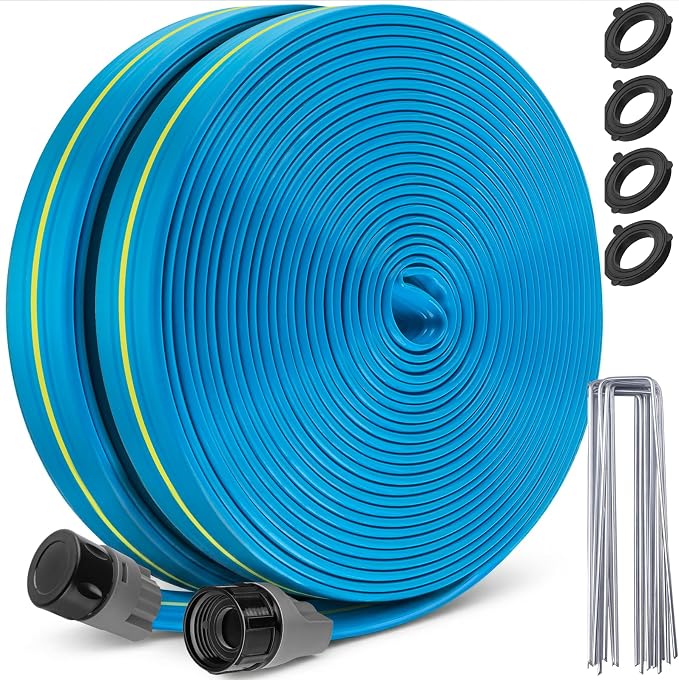 Winisok Upgrade Flat Sprinkler Soaker Hose for Garden 50FT, Heavy Duty 3-Tube Lawn Irrigation Hose with Landscape Stakes, No-Kink Flexible Watering Hose for Yard, Plants
