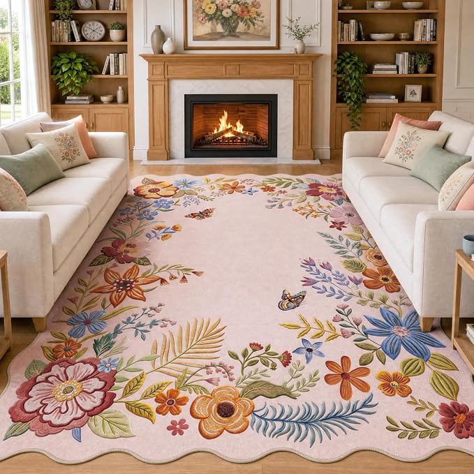 FMFUNCTEX 6x9 Washable Blush Pink Floral Scalloped Area Rug for Living Room | Vintage Flower Colorful Traditional Boho Distressed Soft Non Slip Low Pile Large Pattern Indoor Carpet Dining Bedroom Nursery