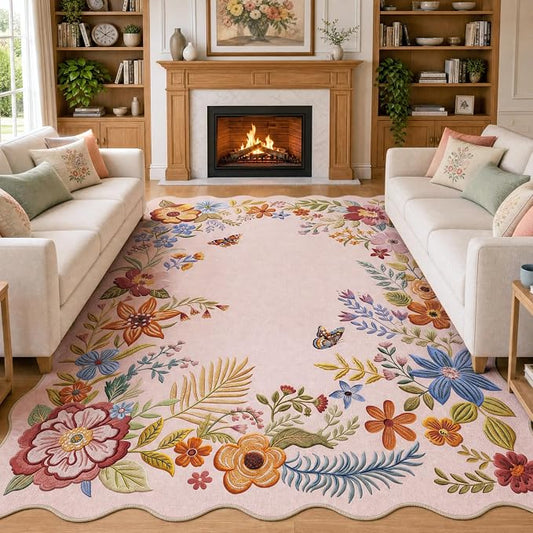 FMFUNCTEX 6x9 Washable Blush Pink Floral Scalloped Area Rug for Living Room | Vintage Flower Colorful Traditional Boho Distressed Soft Non Slip Low Pile Large Pattern Indoor Carpet Dining Bedroom Nursery