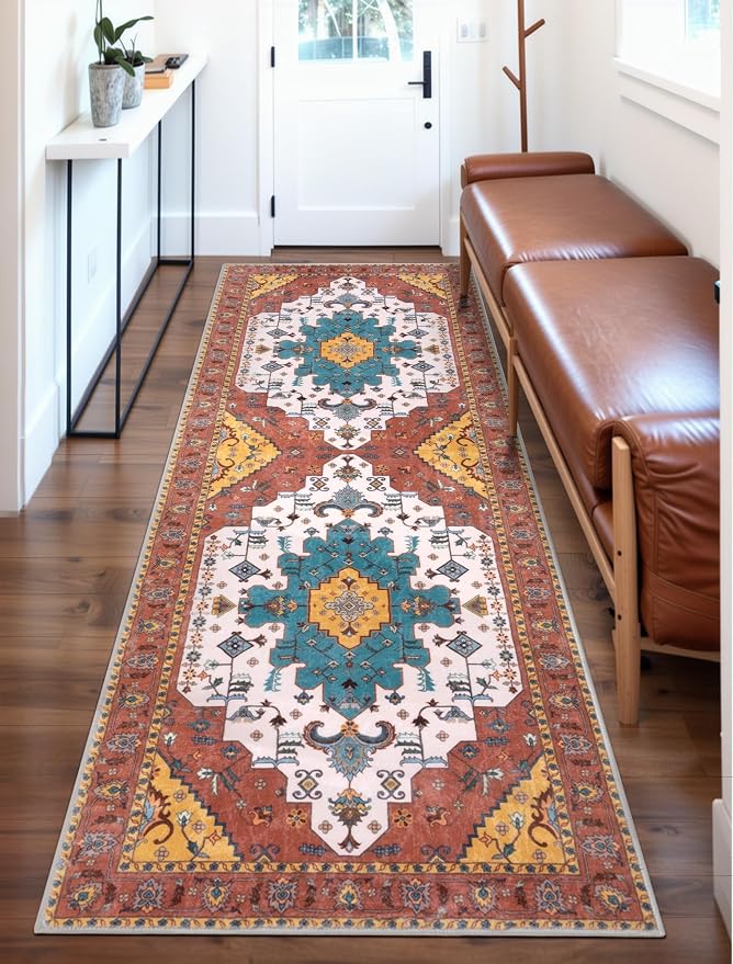 SERISSA 2x6 Washable Non Slip Boho Runner Rug for Hallway，Orange | Ultra Soft Vintage Oriental Carpet Low-Pile Distressed Tribal Floor Carpet for Kitchen Bedroom Bathroom Laundry Living Room