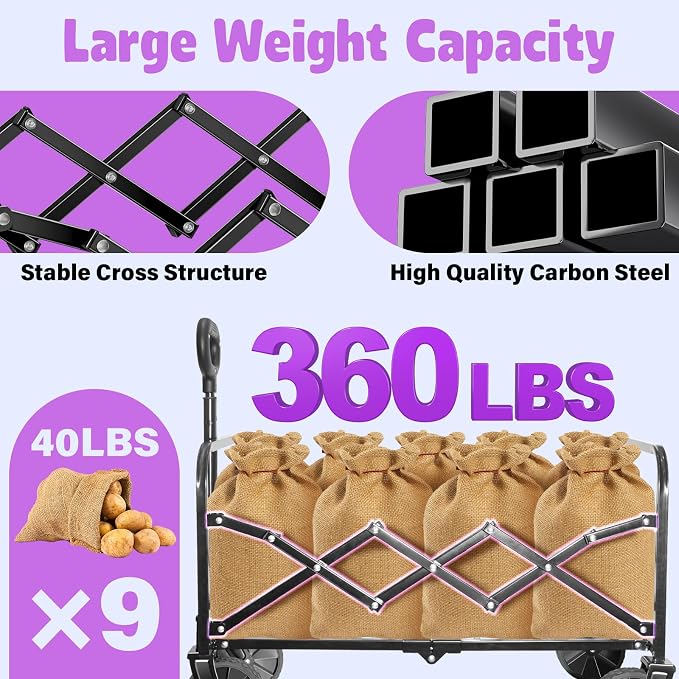 Wagon Cart Foldable,360Lbs Collapsible Wagon Cart with Wheels Portable, All Terrain Outdoor Utility Carts for Groceries, Camping, Sports, Garden, Shopping, Black