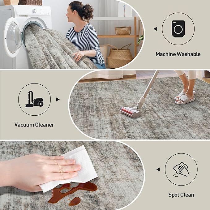5x7 Area Rugs for Living Room: Washable Abstract Brown Black Badroom Carpet | Non-slip TPE backing makes this washable soft low-pile rug safe & durable, Pet-friendly decor for dining room,nursery,office