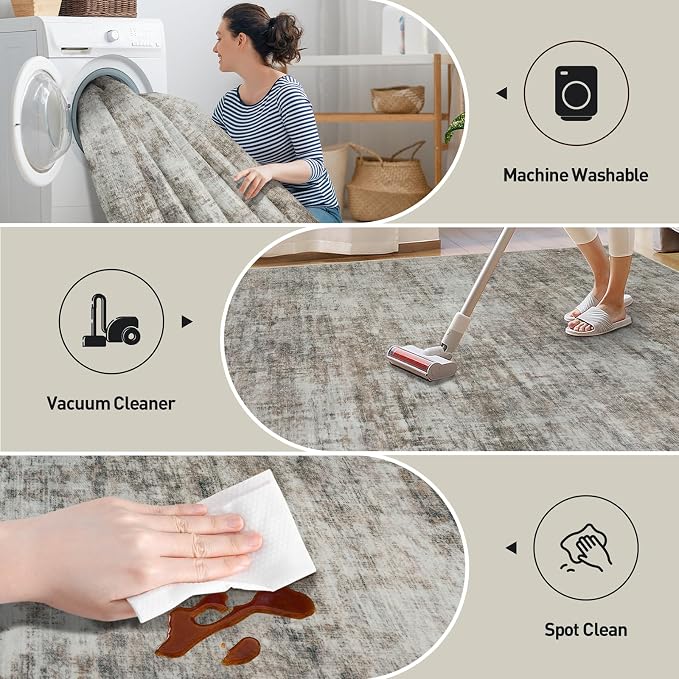 6x9 Area Rugs for Living Room: Washable Abstract Brown Black Badroom Carpet | Non-slip TPE backing makes this washable soft low-pile rug safe & durable, Pet-friendly decor for dining room,nursery,office