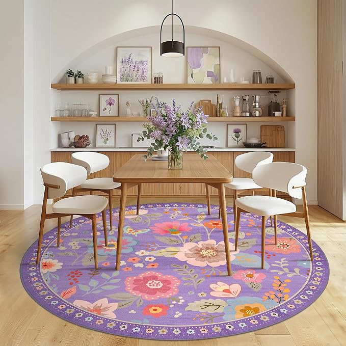 RELEANY Floral Washable Round 6ft Area Rug Purple/Pink | Flower Carpet, Print, Boho, Non-Slip, Easy to Clean, Soft, Low Pile for Living Room Bedroom Kitchen Office Entryway Hallway
