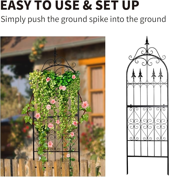 Garden Trellis for Climbing Plants, 70" H x 21.7" W Heavy Duty Metal Trellis, 6FT Rustproof Black Iron Vine Support Trellis with 9.2" Ground Stakes, Decorative Cupid Arrow Design Roses, Vines