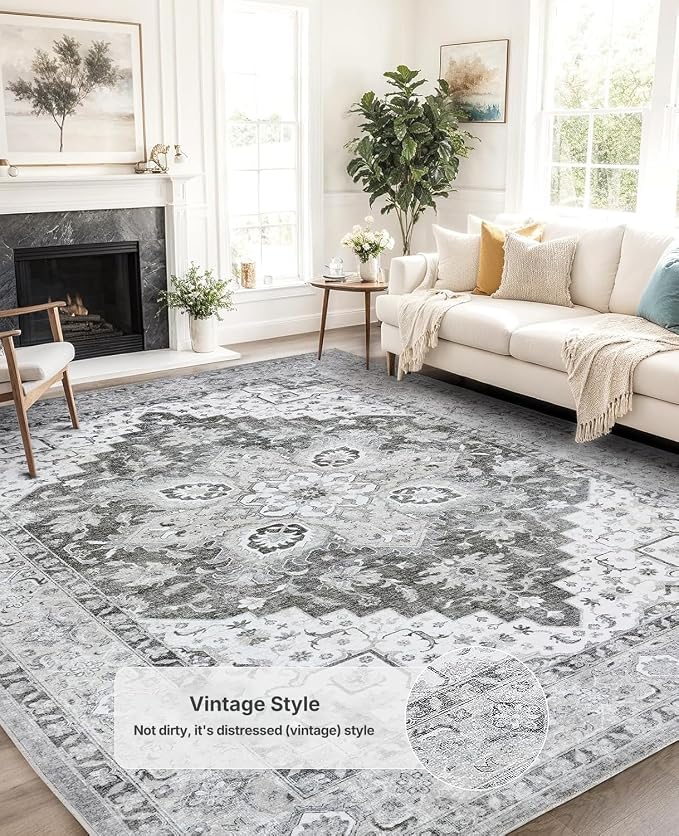 AMADA HOMEFURNISHING 9x12 Area Rugs, Low-Profile Large Washable Area Rug with Non-Slip Backing & Durable Edge Binding, Vintage Rugs for Living Room, Bedroom & Dinning Room