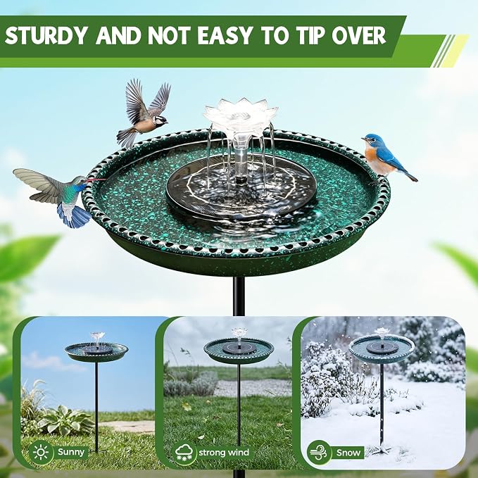 Bird Bath with Solar Powered Fountains for Hummingbirds,Stable Stylish Design with 5-Prong Base Stake Plastic Bird Bath for Outside Lawn Patio Yard Garden