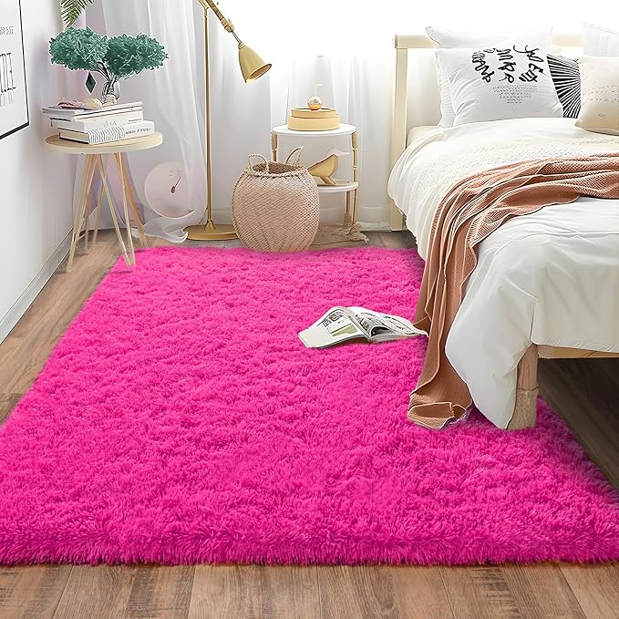 Soft Shag Rugs for Girls Bedroom, Fluffy Washable 4x6 Hot Pink | Upgrade Non-slip, 4 x 6 Shaggy Rugs for Living Room, High Pile Fuzzy Plush Carpet Kids Room Dorm, Flame Resistant