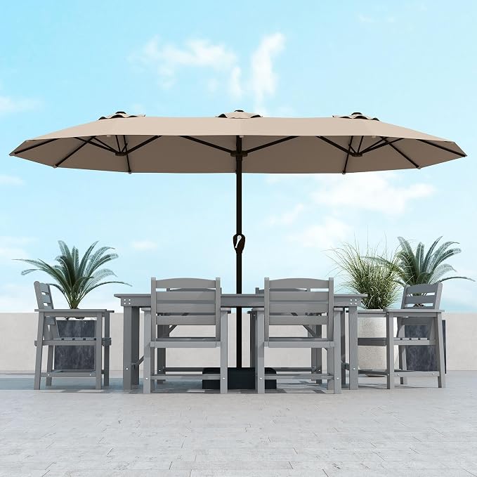 Kingdura 13ft Large Patio Umbrella with Base Included, Double-Sided Rectangle Outdoor Table Umbrella with 12 Reinforced Ribs, Crank Lift for Market Pool Deck Backyard, Beige