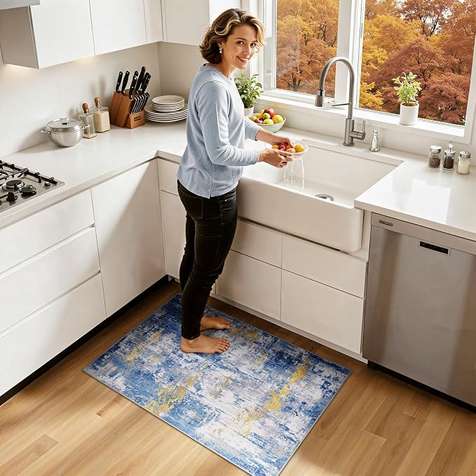 RELEANY Washable 2'x3' Abstract Area Rug for Living Room Blue Gold | Carpet for Bedroom, Kitchen, Office, Hallway and Entryway, Printed Pattern, Non‑Slip, Soft, Stain‑Resistant, Easy to Clean
