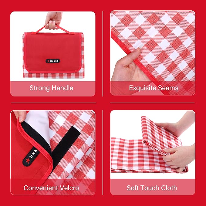 HX&OD Picnic Blanket Outdoor Extra Large Picnic Mat 80"X60" Camping Blanket Beach Blanket Foldable Waterproof Sand Mat Hiking Travel Family Concerts(Red)