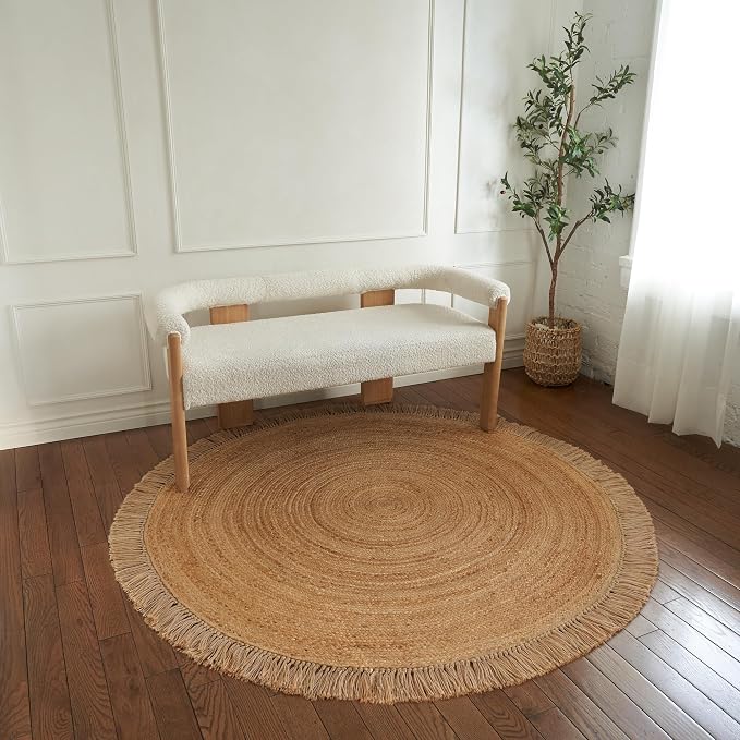 Beautiful 5x5 ft Round Jute Area Rug - Natural Hand Woven Braided Circle | Fits Perfectly Into Your Entry Area, Kitchen or Living Room - Modern Braided Mat Enhances Any Boho Decor