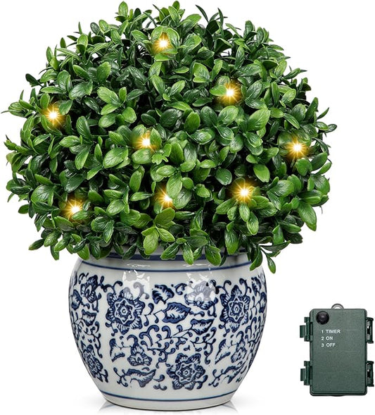 DILATATA Artificial Topiary Boxwood Ball in Blue and White Ceramic Pot, Lighted Artificial Boxwood in Planters 9 Inch Decorative Fake Greenery for Table Centerpiece Indoor Plant Home Decor - Small