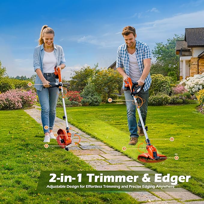 21V Weed Wacker Weed Eater: Electric String Trimmer & Edger 2in1 Lawn Tool Battery Powered - 12 Inch Grass Cutter with 2Pack 2000mAh Batteries & Charger - Cordless Lightweight for Small Yard Garden