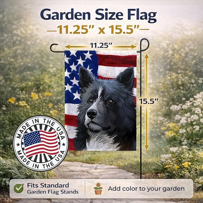 Caroline's Treasures CK6586GF Karelian Bear Dog American Flag Garden Flag Mailbox Flag Decorative Yard Flag Banner Outside Patio Artwork Yard Flower Beds, Garden Size, Multicolor