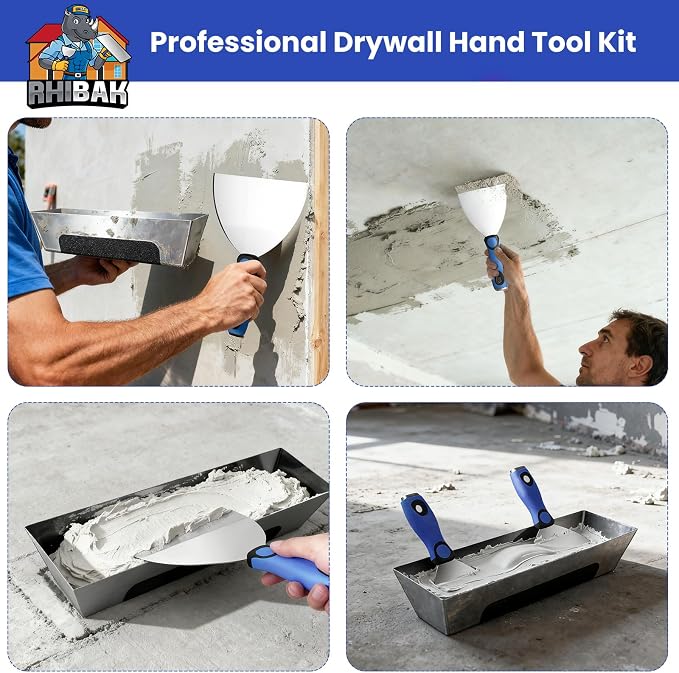 Drywall Hand Tools Kit, Drywall Knife Set with Putty Knives, Taping Knives, Aluminum Hawk, Mud Pan, Flat Finishing Trowel, Multi-Fuctional Paniter Scraper