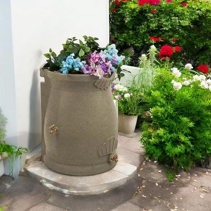 Rain Wizard Decorative Urn Rain Barrel, Durable polyethylene Resin, with Brass Spigot, Flat-Back Design,Perfect for Gardening Any Home (Sandstone, 50 Gallon)