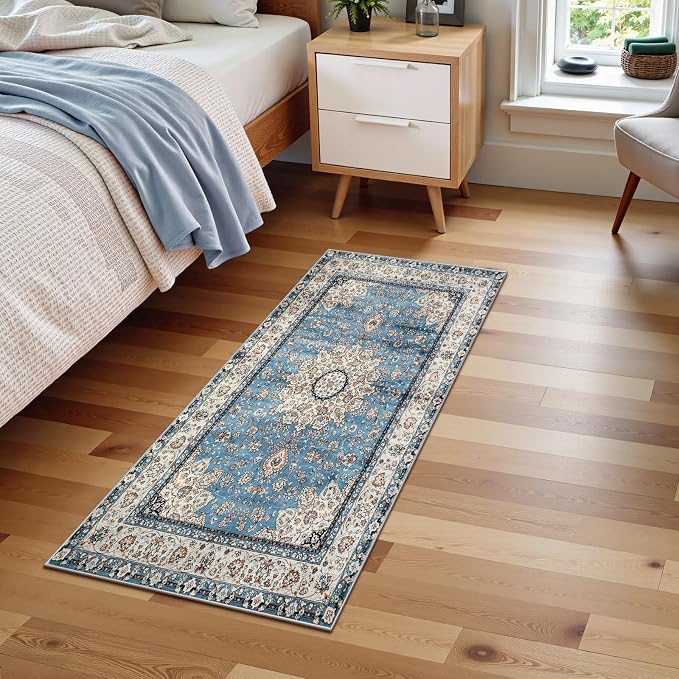 Lahome Felice Oriental Floral Medallion Area Rug - 2x4.3 Blue Hallway Runner Rug Doormat Vintage Faux Wool Throw Rug Non-Slip Washable Low-Pile Carpet for Kitchen Laundry Room Entrance Bathroom