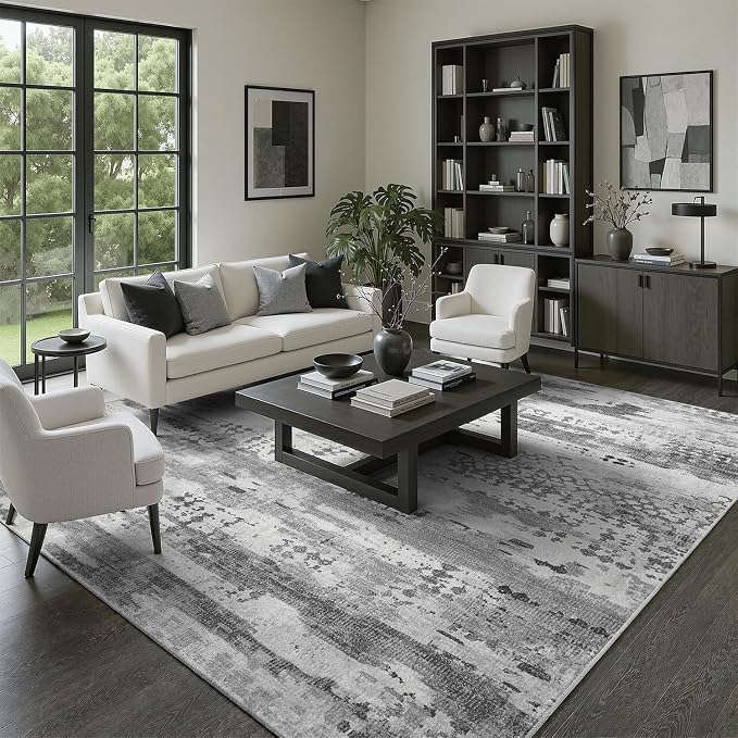 DCX Abstract Washable 8x10 Rug, Non Slip Low Pile Rug, Gray | Easy to clean, non-shedding, soft, kid & pet friendly, with a non-slip rubber backing for living rooms, bedrooms, and offices
