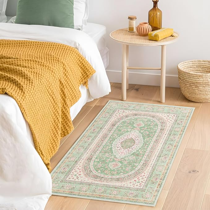 Small Rugs 2x3,Green Rug for Entryway Entrance Doormat Boho | Vintage Bohemian Distressed Washable Oriental Accent Floor Throw Carpet for Bathroom Bedroom Non Slip,Sage Blush Floral