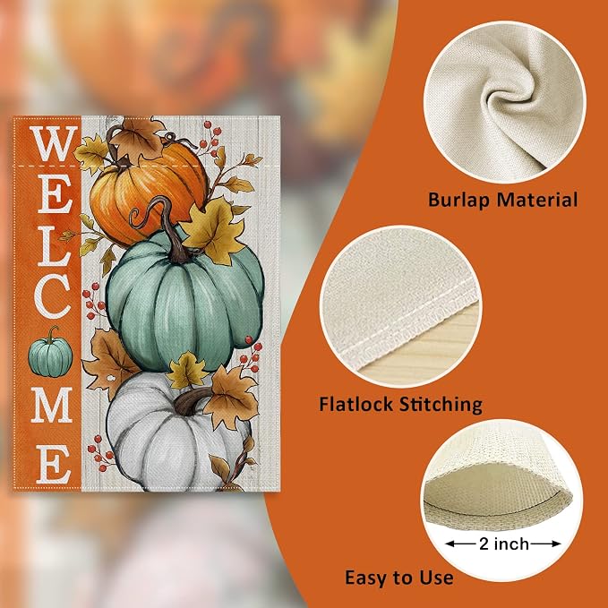 Welcome Fall Pumpkins Decorative Garden Flag, Autumn White Teal Pumpkin Farmhouse Yard Outside Decorations, Thanksgiving Seasonal Burlap Outdoor Small Home Decor Double Sided 12 x 18