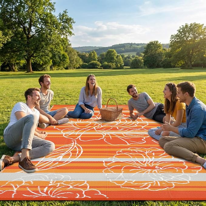 Garvee 9x12 Outdoor Waterproof Rug, Floral Outdoor Area Rug，Reversible Plastic Straw Patio Rug, Portable Camping Mat for RV, Picnic, Beach, Balcony, Garden & Camping Orange