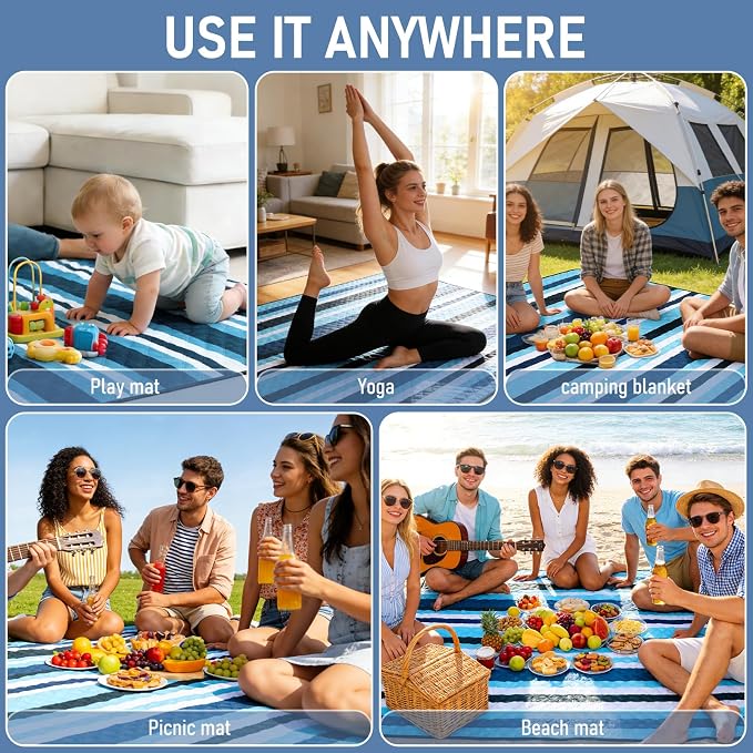 Beach Blanket Waterproof Sandproof, 80''x80''Extra Large Thick 5-Layer Big Outdoor Picnic Camping Blanket Easily Foldable Picnic Mat for Grass, Hiking, Travel, Concerts, Indoor