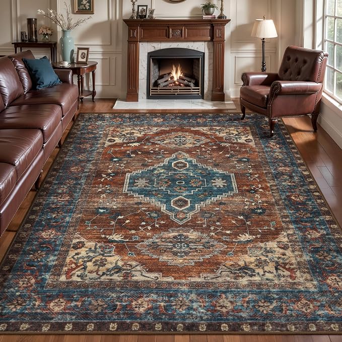 Tangsoo 6x9 Washable Area Rugs for Living Room, Oriental Non Slip Large Rug | Vintage Indoor Print Carpet, Boho Soft Low Pile Foldable Floor Rug for Bedroom Dining Room Dorm Office Rust Blue Home Decor