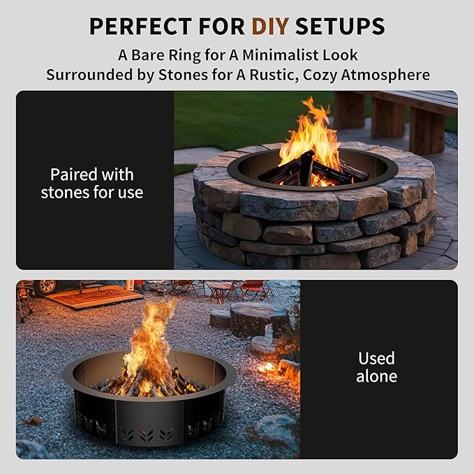 Fire Pit Ring Insert for Garden Patio Backyard | 30 Inch Smokeless Fire Pit Ring for Outside Fire Pit, Carbon Steel Firepit Rim Insert for DIY Fire Pits, Anti-Rust Coating