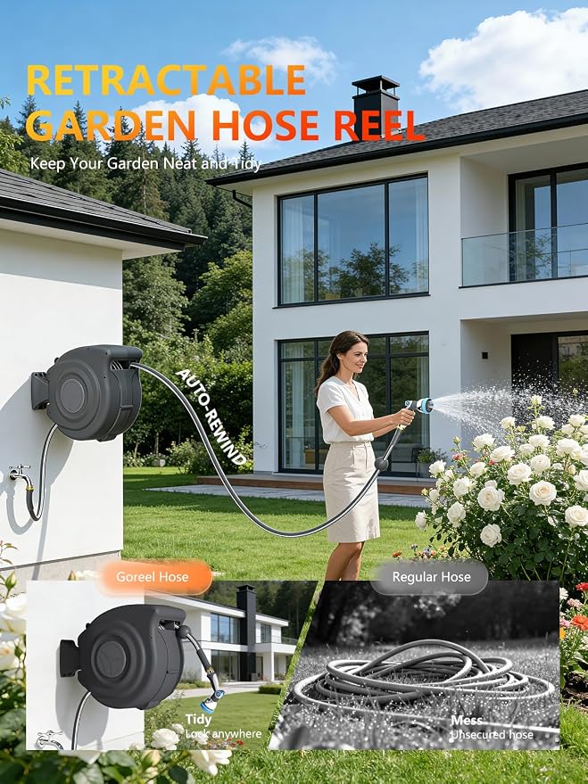 Retractable Garden Hose Reel 1/2 in x 100 ft Heavy Duty Automatic Water Hose Reel with 10-Function Sprayer Nozzle Kink-Free Auto Rewind Any-Length Lock 180° Swivel UV Resistant - Dark Gray