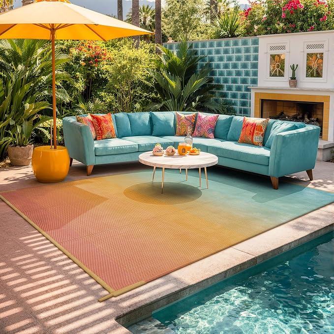 Lahome Extra Large 9x12 Outdoor Patio Waterproof, Reversible Plastic Straw Camping Rv Rugs for Outside Under Awning, Portable Lightweight Carpet for Backyard, Blue Orange 9'x12'