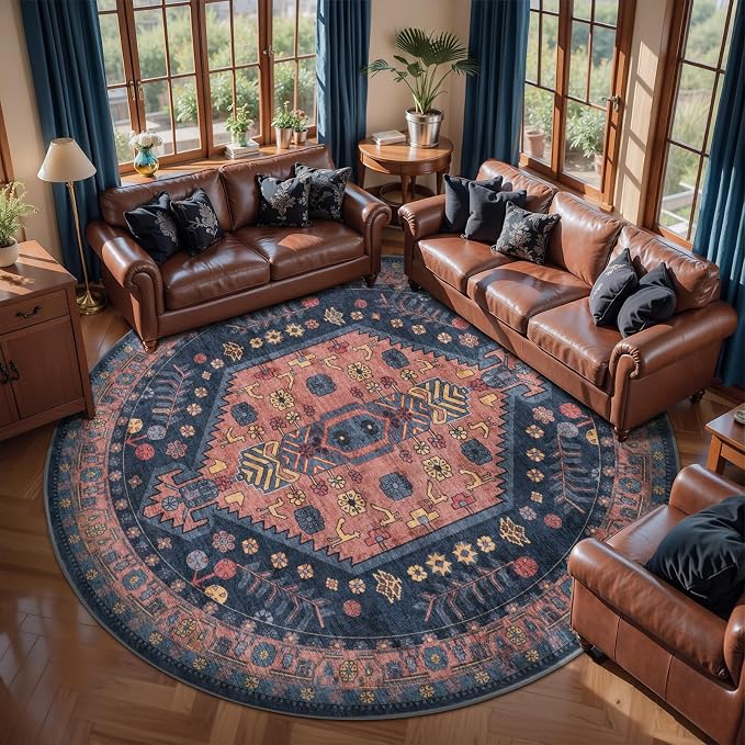 Ciicool 6ft Round Area Rug for Bedroom,Washable Large Circle for Kitchen | Vintage Non-Slip Low-Pile Oriental Indoor Mat Soft Boho Navy Entry Carpet for Entryway Bedside Living Room Dining Room