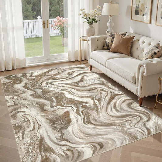 DMOYEST 5x7 Area Rug for Living Room Washable Abstract Indoor Carpet | Neutral Modern Low Pile Rugs Kid & Pet Friendly Soft Thin Carpet for Bedroom Dining Room and Office - Sand Brown