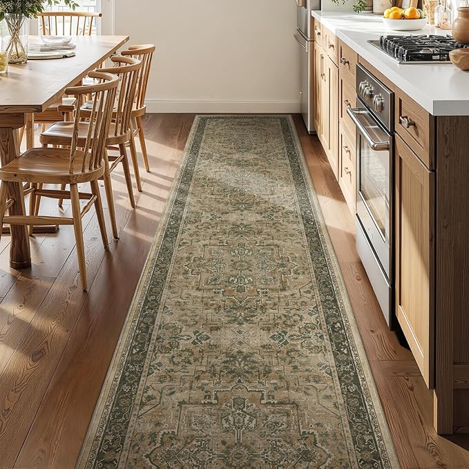 Washable Runner Rug 2x10 for Hallways, Retro Distressed Moody Medallion Long Carpet Runner for Entryway Mudroom, Low Pile Thin Soft Kitchen Bathroom Runner Rug Non Slip, Multi Brown/Green