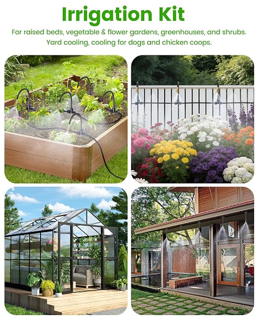 120FT Drip Irrigation System for Garden with 18 Nozzles –360° Adjustable Misting Nozzles, Quick-Connect Design, Ideal for Raised Beds, Lawns, Greenhouses & Outdoor Cooling