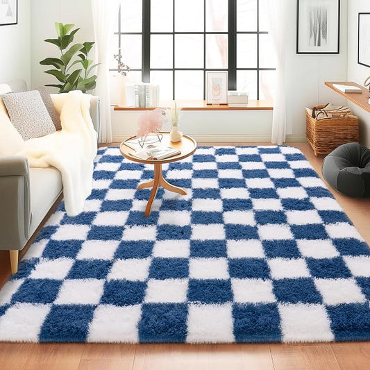 Checkered Rugs for Bedroom, 4x6 Navy and White Ultra Fluffy Fuzzy Shag Area Rug for Living Room, Modern Plush Soft Upgrade Non-Slip Carpet for Kids Girls and Boys Room Dorm Nursery Home Decor