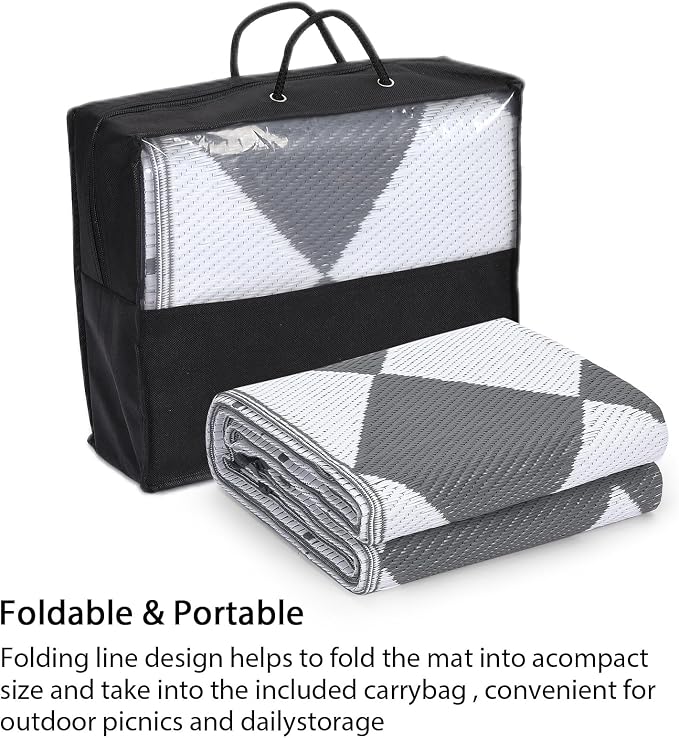Garvee Outdoor Rug 9x18 Outdoor Patio Rug Waterproof Foldable Mat Reversible Plastic Straw Rugs Easy Clean Lightweight Carpet for Balcony Deck Picnic Backyard Camping Porch RV Beach Checkered Grey