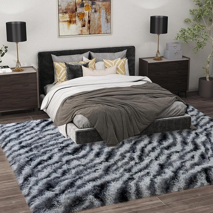 Soft Shag Fluffy Living Room Rug 5x7 Zebra Black White Washable | Upgrade Non-slip, 5 x 7 Shaggy Rugs for Bedroom Nursery, High Pile Fuzzy Plush Carpet Girls Kids Room Dorm, Flame Resistant