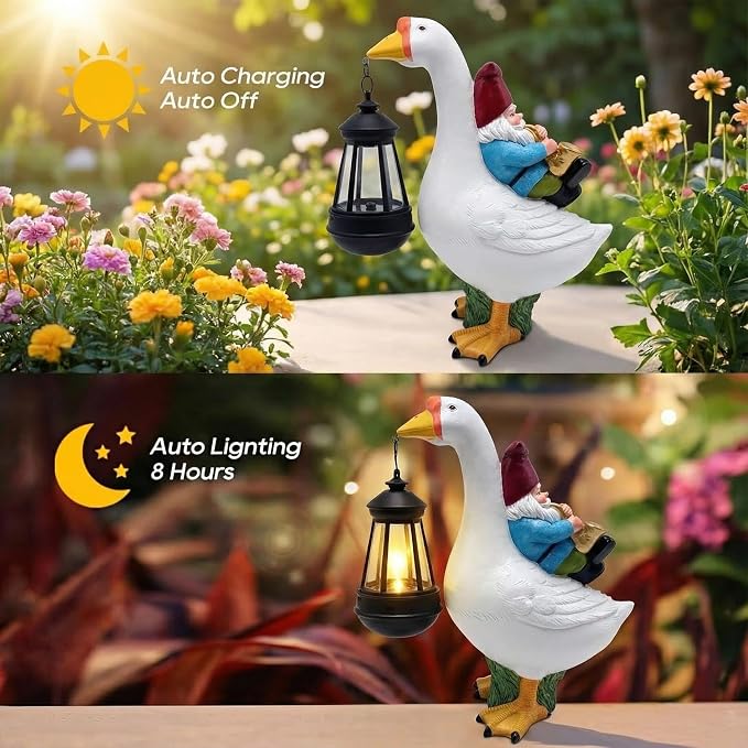 Goose Figurine with Solar Lantern Goose Lamp Decor Gnome Garden Statue Outside Outdoor Yard Housewarming Gifts for Mom Women Grandma