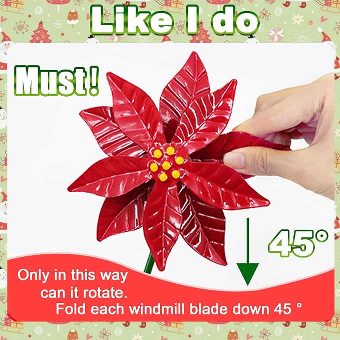 Metal Flowers Wind Spinner Garden Lawn Stakes Yard Art Poinsettia Windmill | 27 Inch Handicraft Lawn Decorations, 5 Pieces Christmas Star Stake, Metal Yard Art Outdoor Mother's Day Decoration Gift