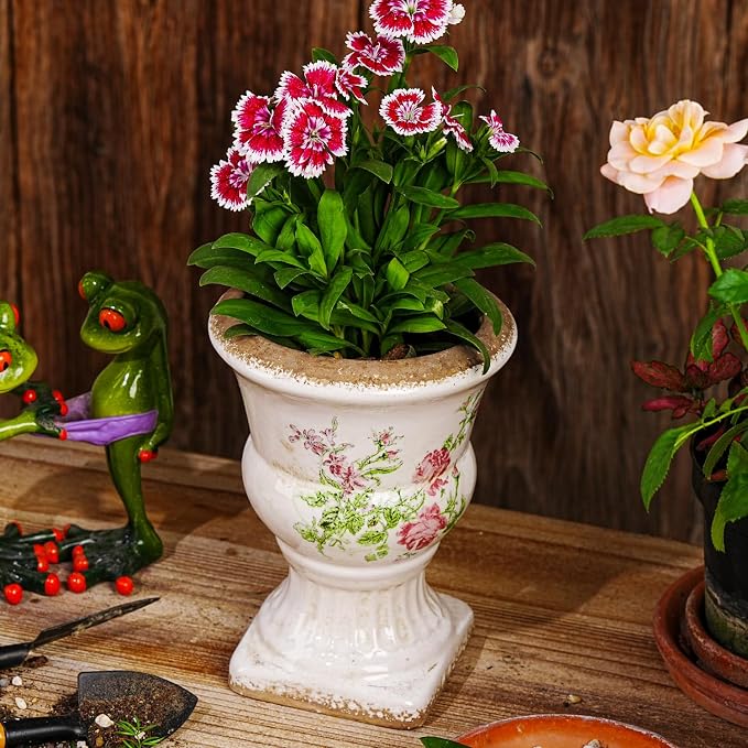 Sungmor Small Ceramic Urn Planter - Pink Scroll Floral Pedestal Flower Pot, Decorative Vintage Chinoiserie Style Planters, Tuscan Accent Vase Indoor Outdoor Plant Holder with Drainage
