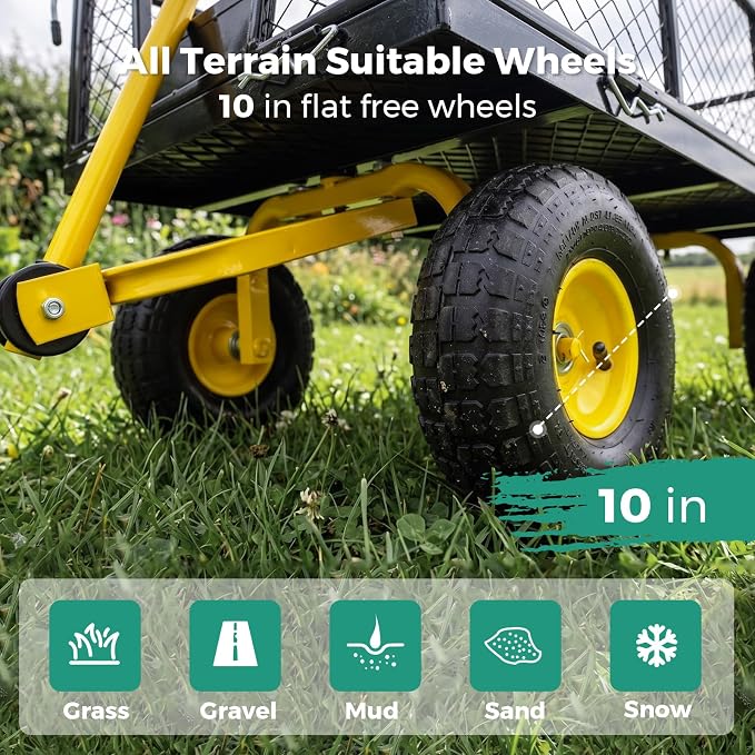 SUNNYFEEL 900 LBS Garden Cart Heavy Duty with 180° Rotating Handle | Metal Yard Utility Wagon Carts with 10" All Terrain Tires, Mesh Removable Sides, All Season Steel Yard Cart for Yard, Lawn