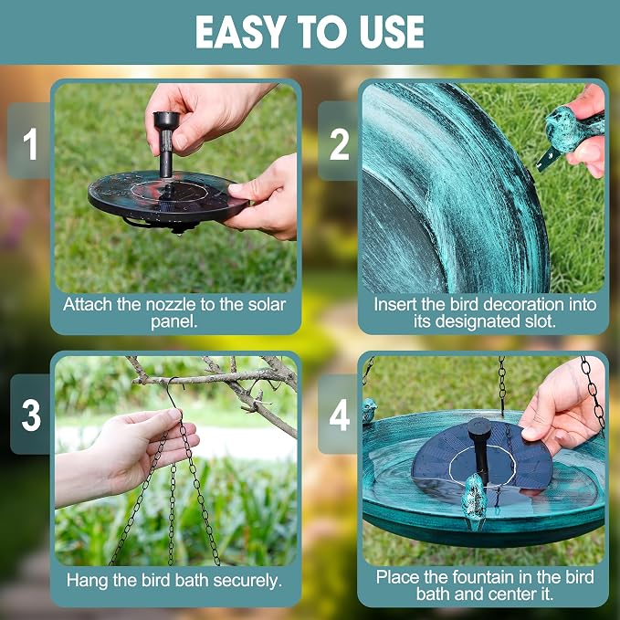 DazSpirit Hanging Bird Bath with Solar Fountain, 14.9" Metal Bird Bath for Outdoors, Fixed Solar Panel with 4 Nozzles, 3 Removable Decorative Birds, Hanging Birdbath for Garden Patio Porch Yard Gift