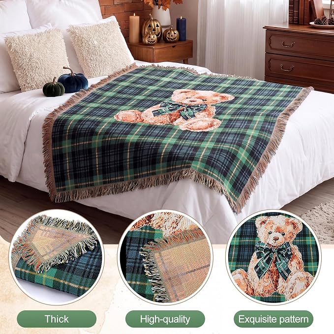 Moukeren 60 x 50 Inch Tartan Plaid Bear Baby Woven Tapestry Throw Blanket Green Blue Scottish Tartan Throw Blanket with for Office Bed Living Room Bedroom Sofa Chair Couch Crib