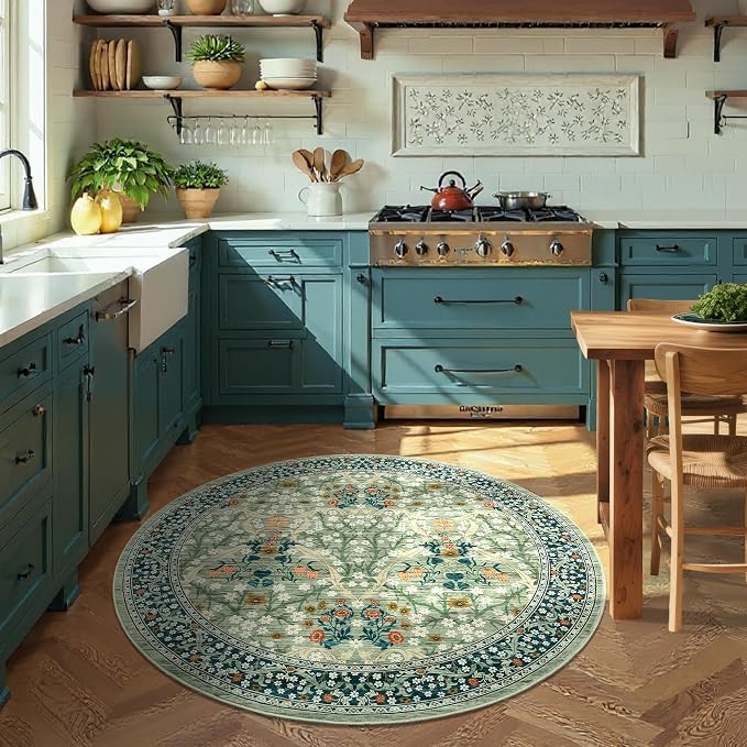 GarveeHome Sage Green Floral 4 ft Round Rug Washable Non-Slip Soft Low Pile Small Circle Carpet Vintage Rugs for Kitchen Bedroom Nursery Dining Living Room